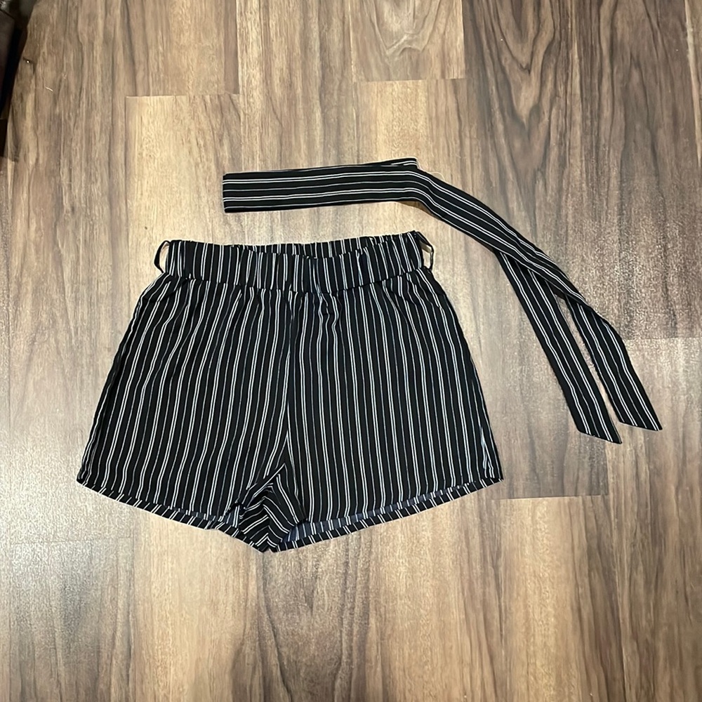 Striped silky shorts from Amazon (S) with tie belt